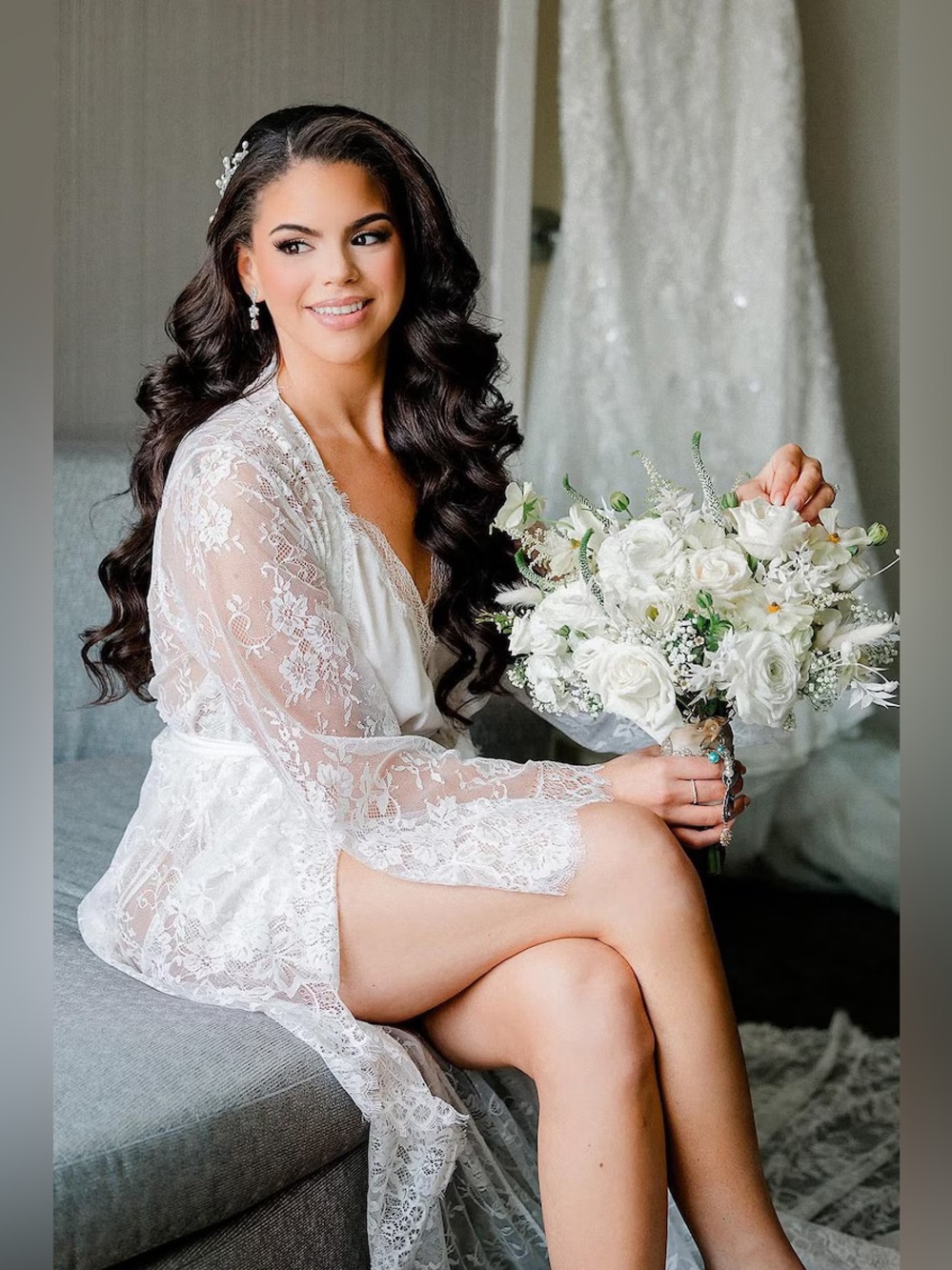 Sheer Lace Bridal Robe with Cathedral Train - White - Picture 4 of 8